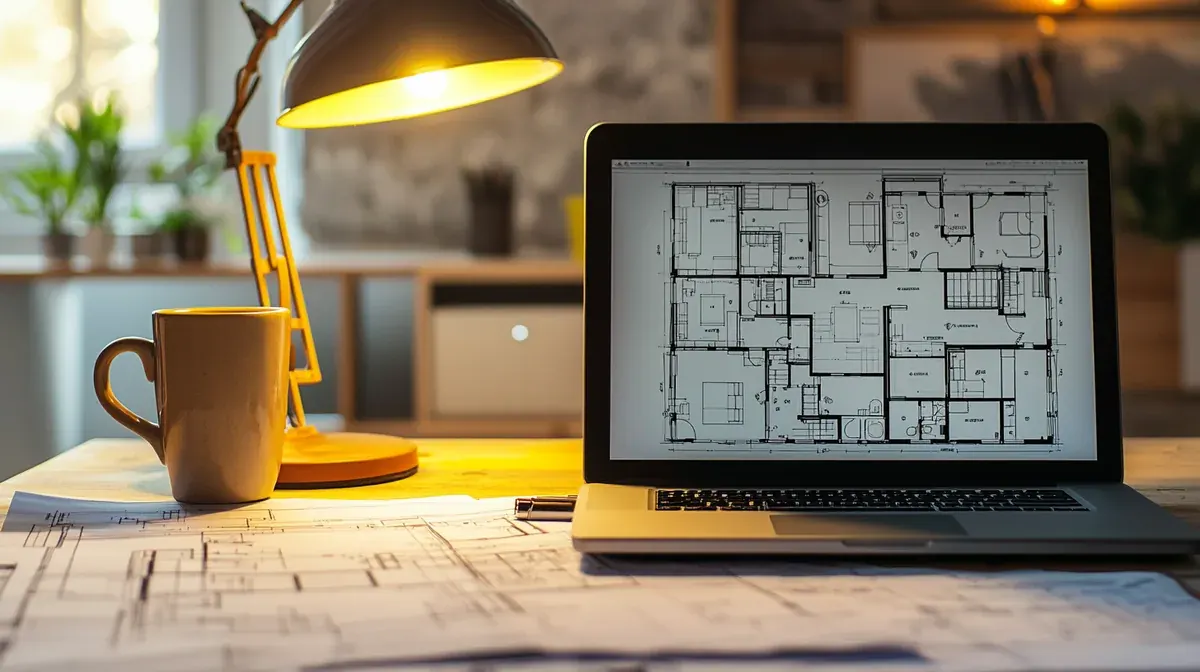 bauenX-Planung am Schreibtisch: Lageplan, Laptop, warme Lampe, Gartenkonzept vorbereiten